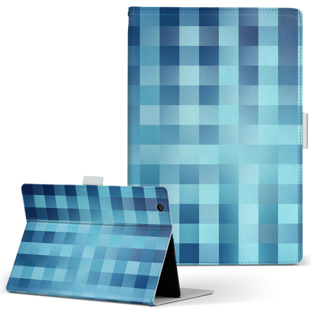 Huawei dtab d-01K ファーウェイ d01k Lサイズ 手帳型 タブレットケース カバー 全機種対応有り レザー フリップ ダイアリー 二つ折り 革 007335 木目 チェック　青　ブルー　模様