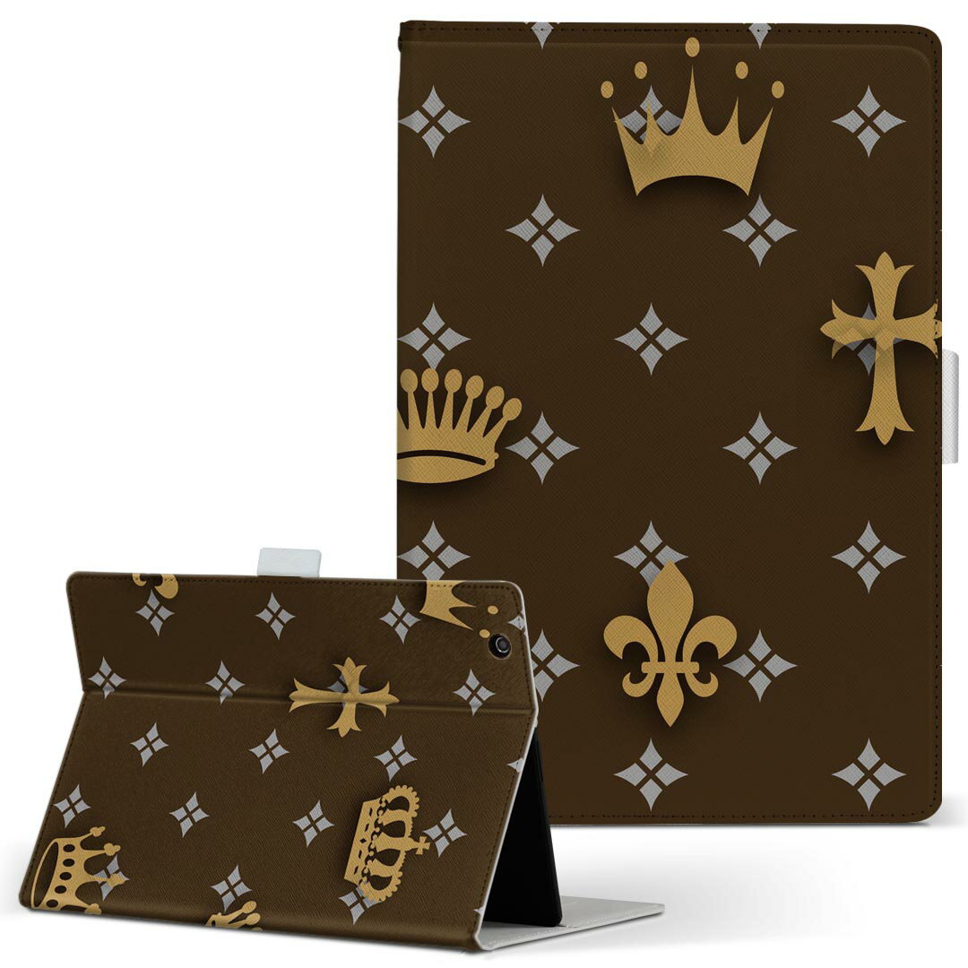Lenovo Tab B10 HD (2nd Gen) 用 タブレットケース Lサイズ 手帳型 タブレットケース カバー 全機種対応有り レザー フリップ ダイアリー 二つ折り 革 007906 茶色 ブラウン クラウン 王冠 模様