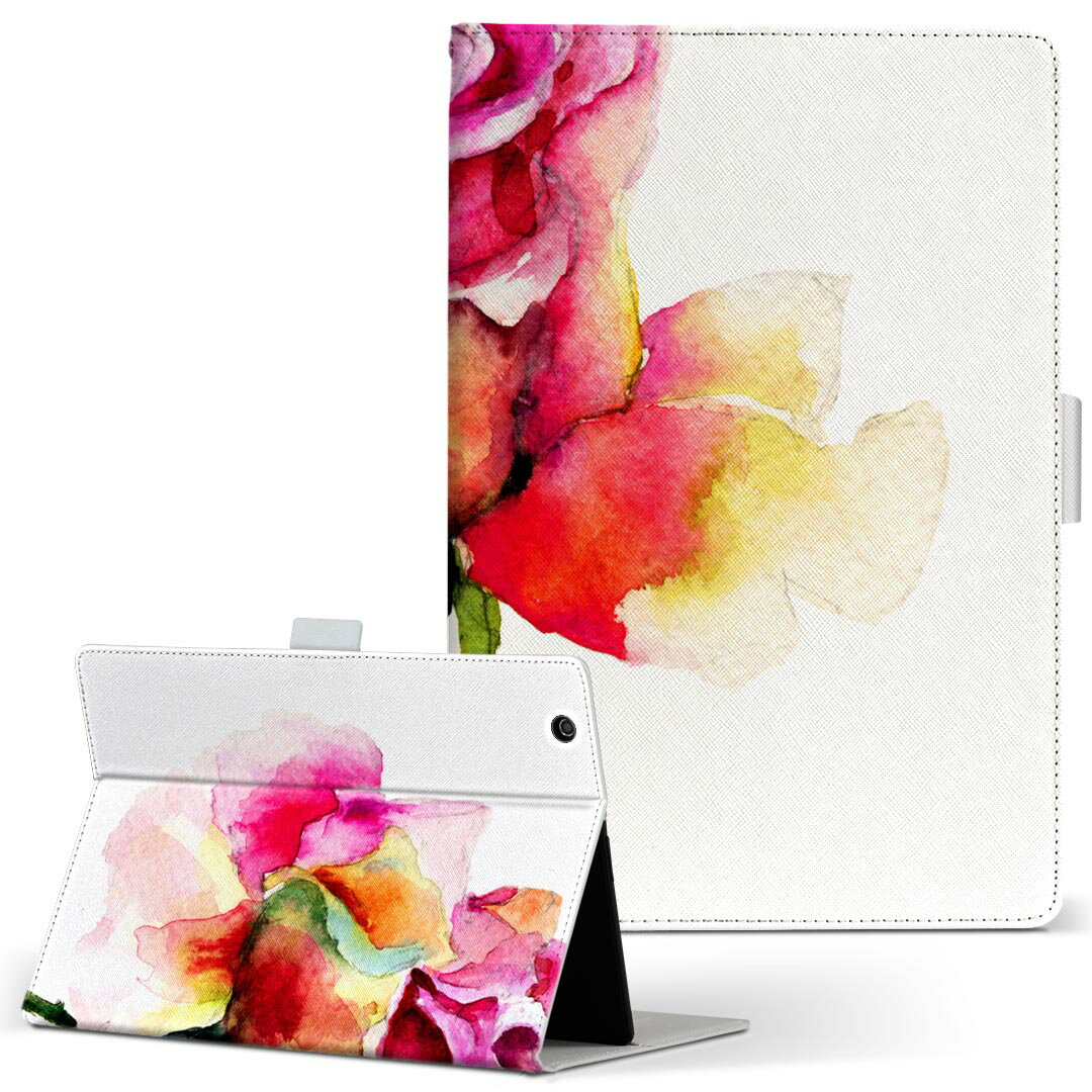 aiwa tab AB8 用 タブレット ケース JA3-TBA0801 / TBA0802 8インチ Mサイズ 手帳型 タブレットケース カバー レザー フリップ ダイアリー 二つ折り 革 008097 花　　水彩　赤　ピンク