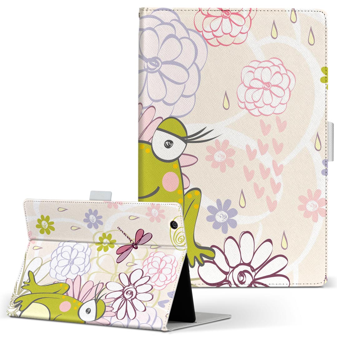 Quatab 01 キュアタブ Qua tab 01 au Mサイズ 手帳型 タブレットケース カバー 全機種対応有り レザー フリップ ダイアリー 二つ折り 革 008896 花　　ピンク　カエル(2.0)