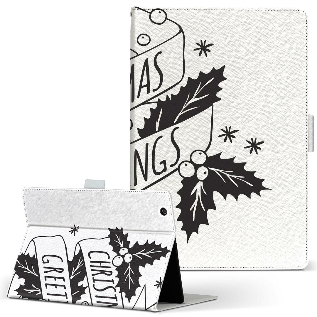 Qua tab PZ 用 タブレット ケース キュアタブ QuatabPZ Lサイズ 手帳型 タブレットケース カバー レザー フリップ ダイアリー 二つ折り 革 016365 英語　模様　モノクロ