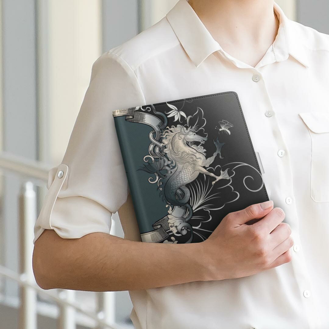 Kindle Fire HDX Amazon キンドルファイア firehdx Mサイズ 手帳型 タブレットケース カバー 全機種対応有り レザー フリップ ダイアリー 二つ折り 革 000007 馬　黒　エンブレム