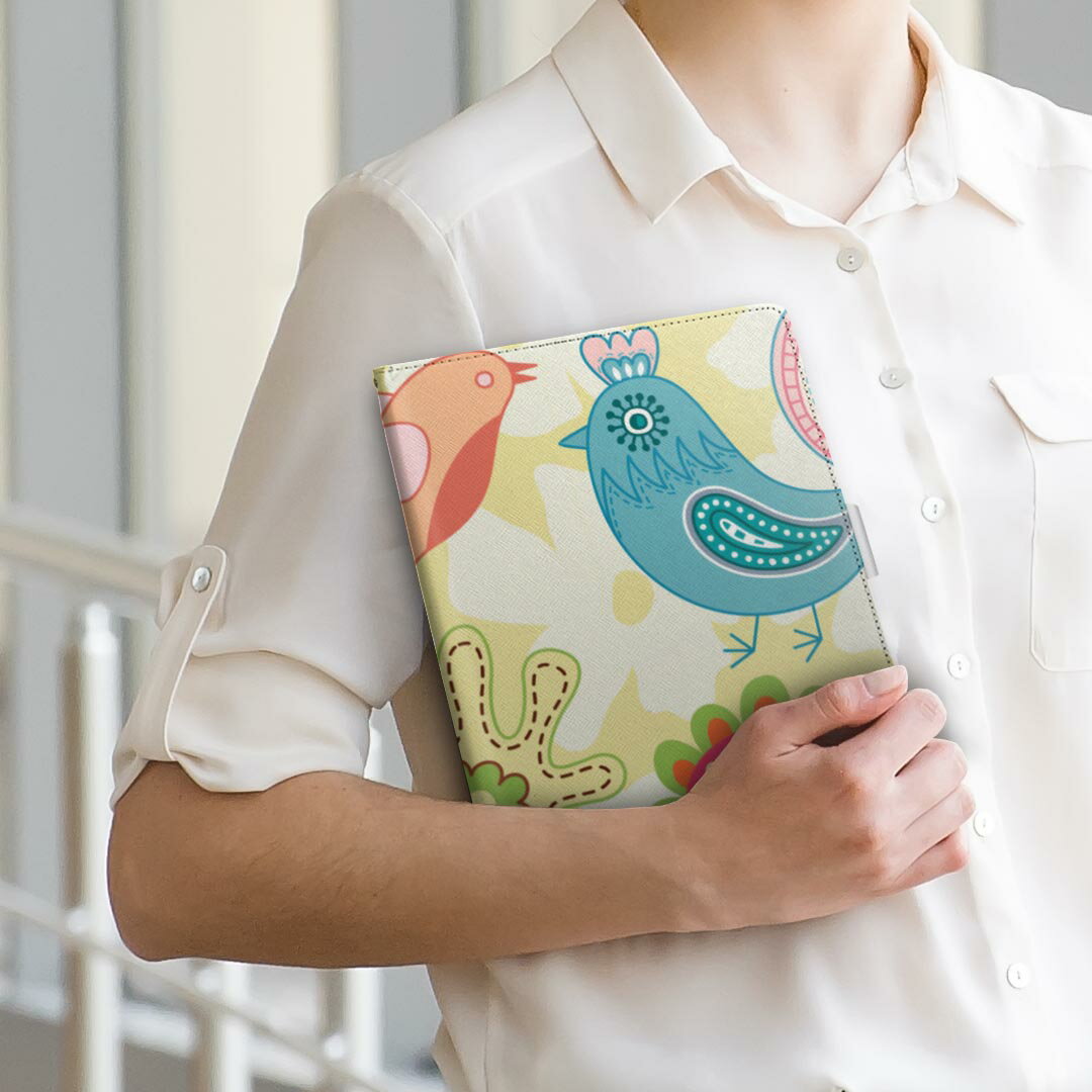 dtab Compact d-02K ディータブコンパクト D02K Mサイズ 手帳型 タブレットケース カバー 全機種対応有り レザー フリップ ダイアリー 二つ折り 革 004249 花　鳥　イラスト　カラフル