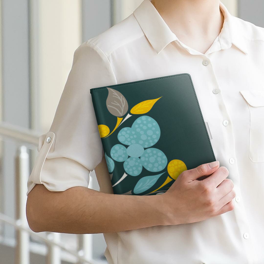 Qua tab PX LGエレクトロニクス quatabpx Mサイズ 手帳型 タブレットケース カバー 全機種対応有り レザー フリップ ダイアリー 二つ折り 革 004515 花　イラスト　緑