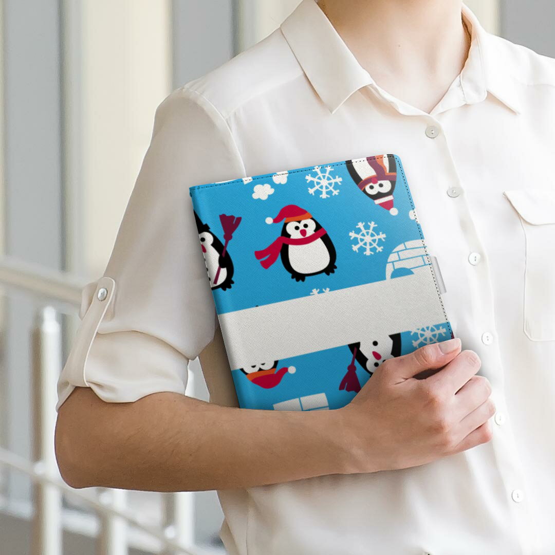 KYT32 Qua tab QZ8 キュアタブ quatabqz8 Mサイズ 手帳型 タブレットケース カバー 全機種対応有り レザー フリップ ダイアリー 二つ折り 革 004628 ペンギン　冬　雪　結晶