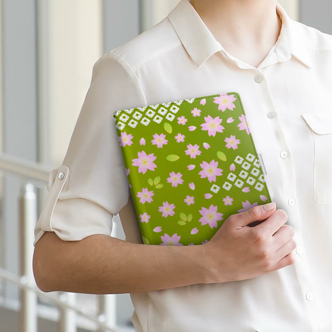 aiwa tab AB8用 JA3-TBA0801 / TBA0802 対応カバー 8インチ Mサイズ 手帳型 タブレットケース カバー 全機種対応有り レザー フリップ ダイアリー 二つ折り 革 004770 桜　緑　模様