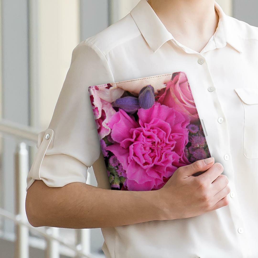 HUAWEI MatePad SE 10.4 専用 タブレットケース Lサイズ 手帳型 タブレットケース カバー 全機種対応有り レザー フリップ ダイアリー 二つ折り 革 005404 写真　花