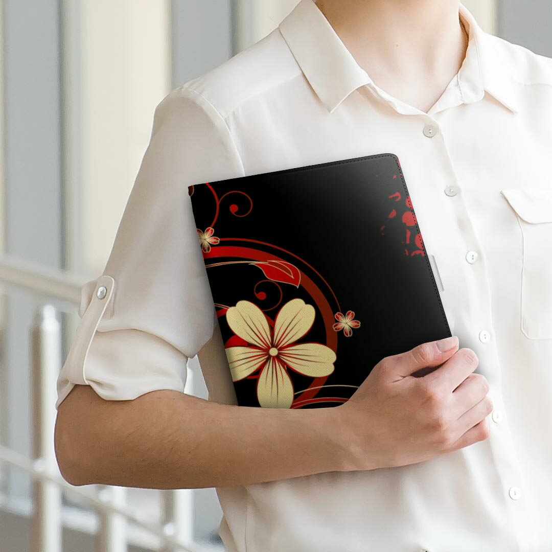 dtab d-51c 用 タブレットケース docomo ドコモ Lサイズ 手帳型 タブレットケース カバー 全機種対応有り レザー フリップ ダイアリー 二つ折り 革 007605 花　　黒　ブラック 3