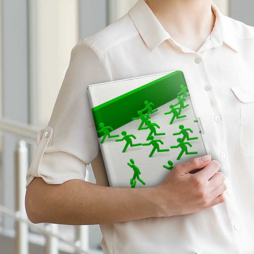 F-04H ARROWS Tab アローズタブ f04h LLサイズ 手帳型 タブレットケース カバー 全機種対応有り レザー フリップ ダイアリー 二つ折り 革 008296 非常口　人物　緑　グリーン