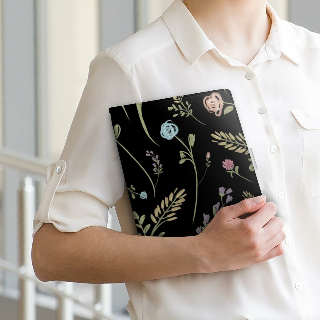 OPPO Pad Air 用 タブレットケース Lサイズ 手帳型 タブレットケース カバー 全機種対応有り レザー フリップ ダイアリー 二つ折り 革 008343 花　　黒　ブラック