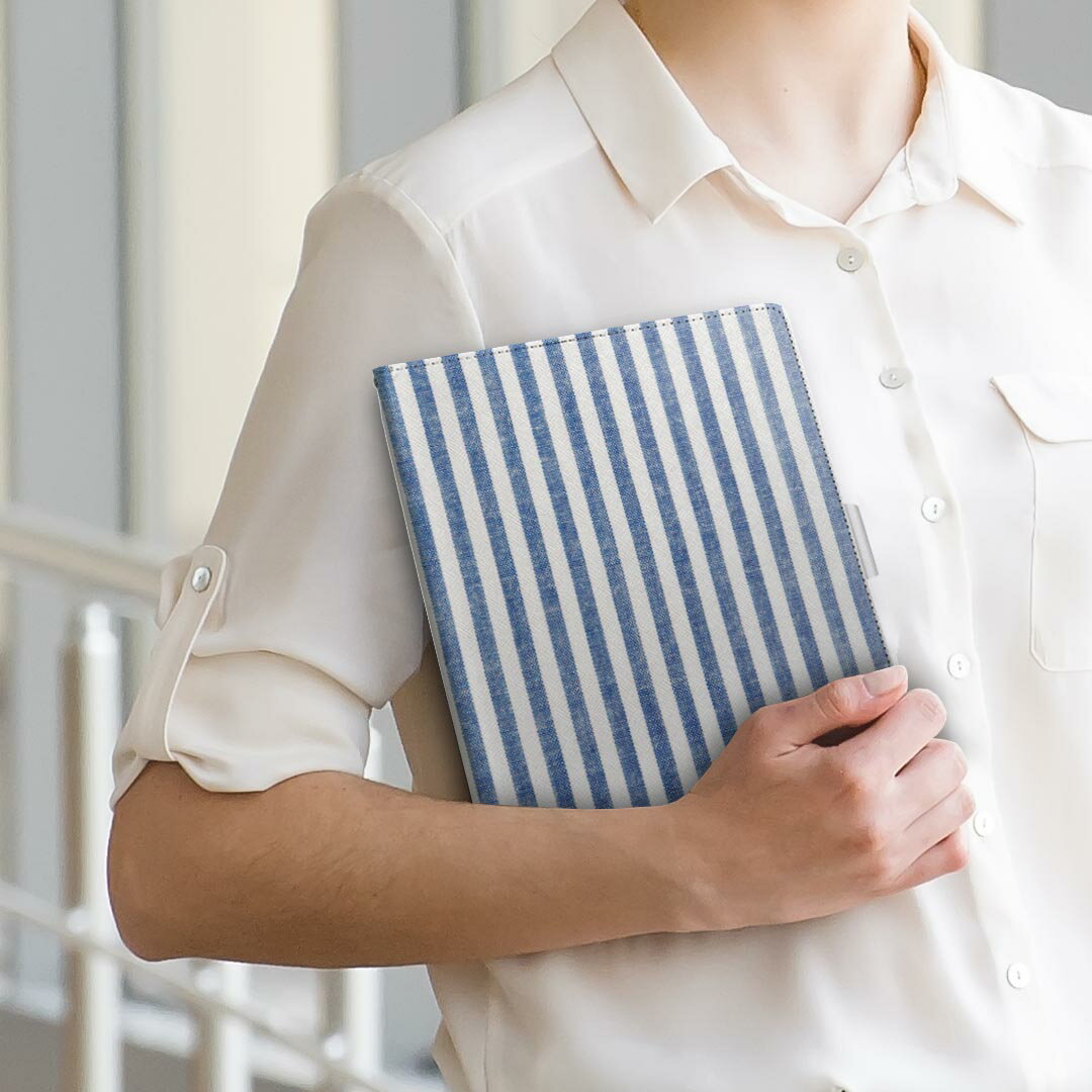 Quatab 01 キュアタブ Qua tab 01 au Mサイズ 手帳型 タブレットケース カバー 全機種対応有り レザー フリップ ダイアリー 二つ折り 革 008426 青　ブルー　ストライプ　模様