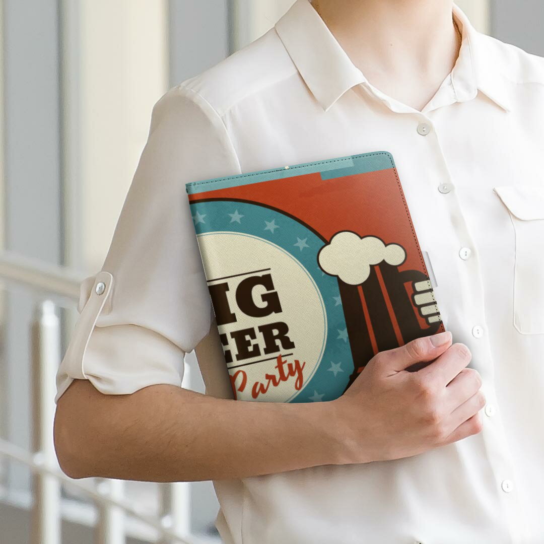 F-02F FUJITSU 富士通 ARROWS Tab アローズタブ f02f Lサイズ 手帳型 タブレットケース カバー 全機種対応有り レザー フリップ ダイアリー 二つ折り 革 008609 ビール　イラスト　赤　レッド　レトロ