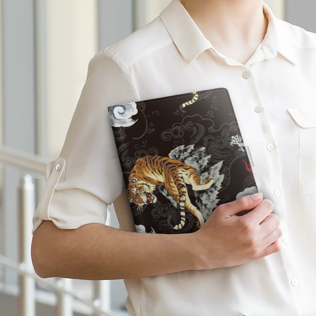 dtab d-51c 用 タブレットケース docomo ドコモ Lサイズ 手帳型 タブレットケース カバー 全機種対応有り レザー フリップ ダイアリー 二つ折り 革 008675 日本語・和柄 和風　和柄　虎　龍　黒　ブラック