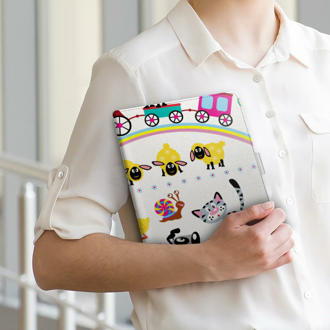 Quatab 01 キュアタブ Qua tab 01 au Mサイズ 手帳型 タブレットケース カバー 全機種対応有り レザー フリップ ダイアリー 二つ折り 革 009185 カラフル　動物　キャラクター