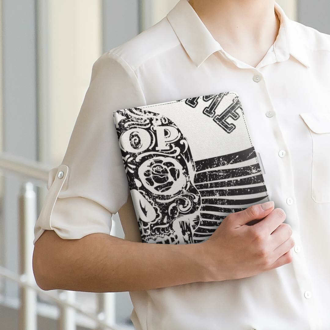 Qua tab PX LGエレクトロニクス quatabpx Mサイズ 手帳型 タブレットケース カバー 全機種対応有り レザー フリップ ダイアリー 二つ折り 革 009435 英語　ドクロ　星