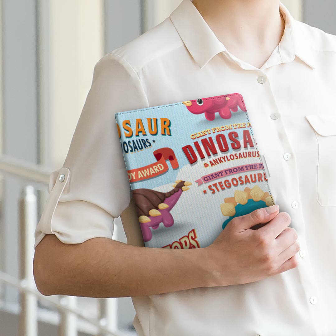 Huawei dtab d-01K ファーウェイ d01k Lサイズ 手帳型 タブレットケース カバー 全機種対応有り レザー フリップ ダイアリー 二つ折り 革 009691 恐竜　こども　英語