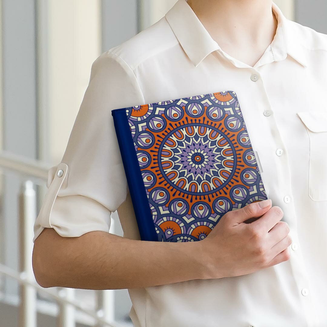 HUAWEI MatePad SE 10.4 専用 タブレットケース Lサイズ 手帳型 タブレットケース カバー 全機種対応有り レザー フリップ ダイアリー 二つ折り 革 010134 アジアン　模様　オレンジ