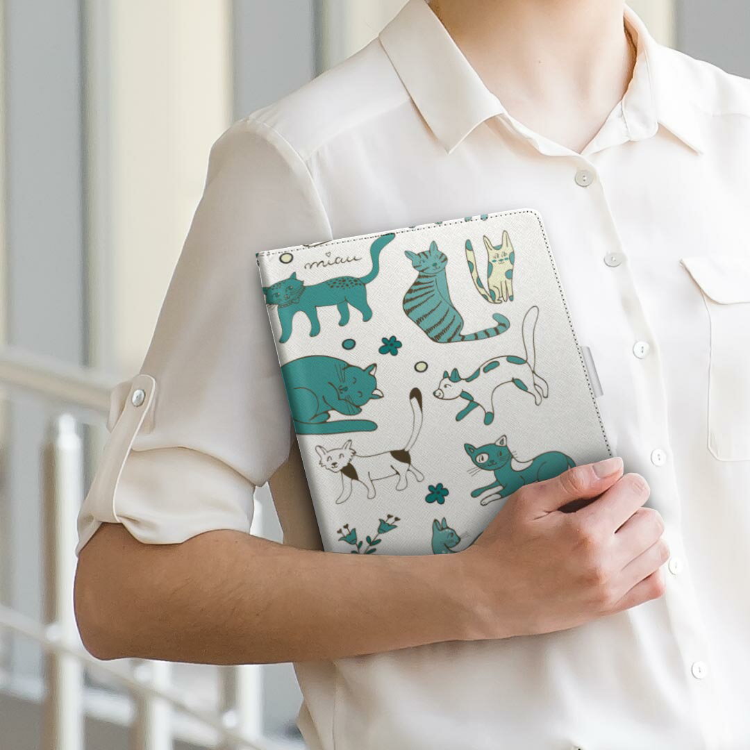 dtab d-51c 用 タブレットケース docomo ドコモ Lサイズ 手帳型 タブレットケース カバー 全機種対応有り レザー フリップ ダイアリー 二つ折り 革 010399 動物　猫　緑