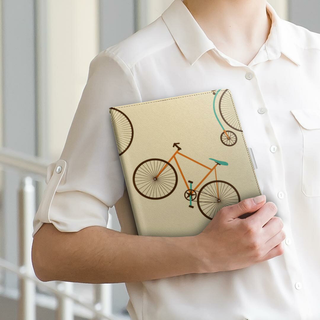 Huawei dtab d-01K ファーウェイ d01k Lサイズ 手帳型 タブレットケース カバー 全機種対応有り レザー フリップ ダイアリー 二つ折り 革 010507 自転車　乗り物　オレンジ　緑