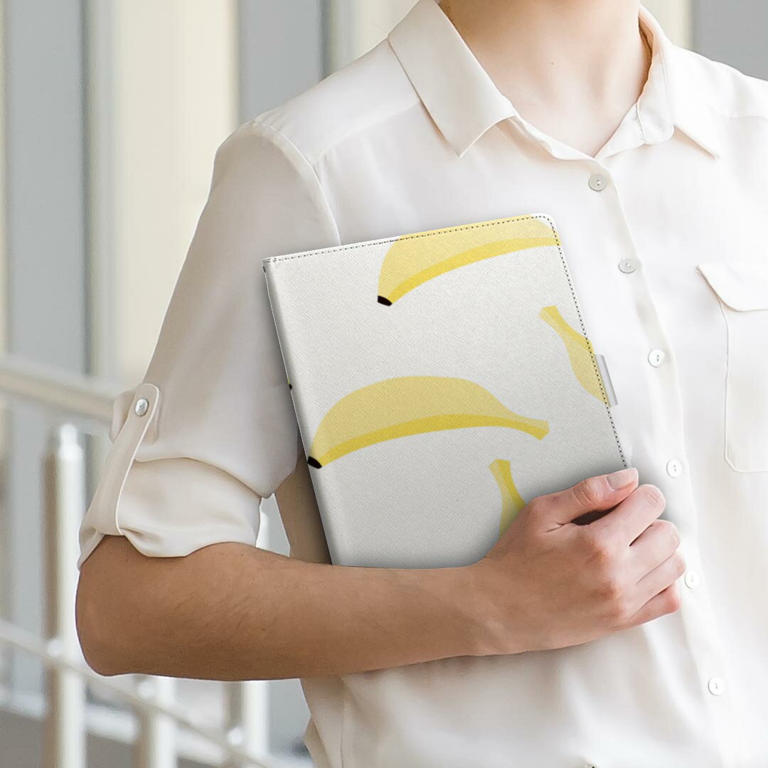 Qua tab QZ10 KYT33 キュア タブ キューゼット テン Lサイズ 手帳型 タブレットケース カバー 全機種対応有り レザー フリップ ダイアリー 二つ折り 革 010559 バナナ　果物　白