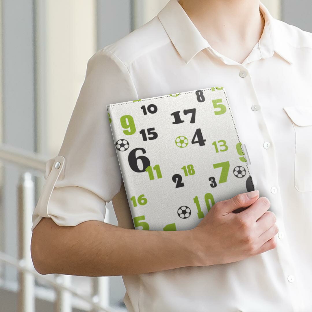 SH-08E AQUOS PAD アクオスパッド sh08e Sサイズ 手帳型 タブレットケース カバー 全機種対応有り レザー フリップ ダイアリー 二つ折り 革 011017 数字　サッカー　緑