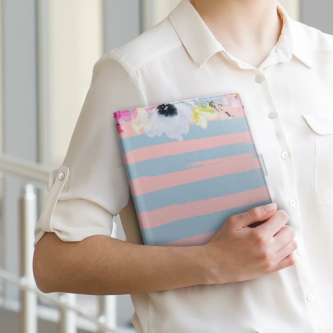 Qua tab PX LGエレクトロニクス quatabpx Mサイズ 手帳型 タブレットケース カバー 全機種対応有り レザー フリップ ダイアリー 二つ折り 革 011112 花　水彩　ボーダー