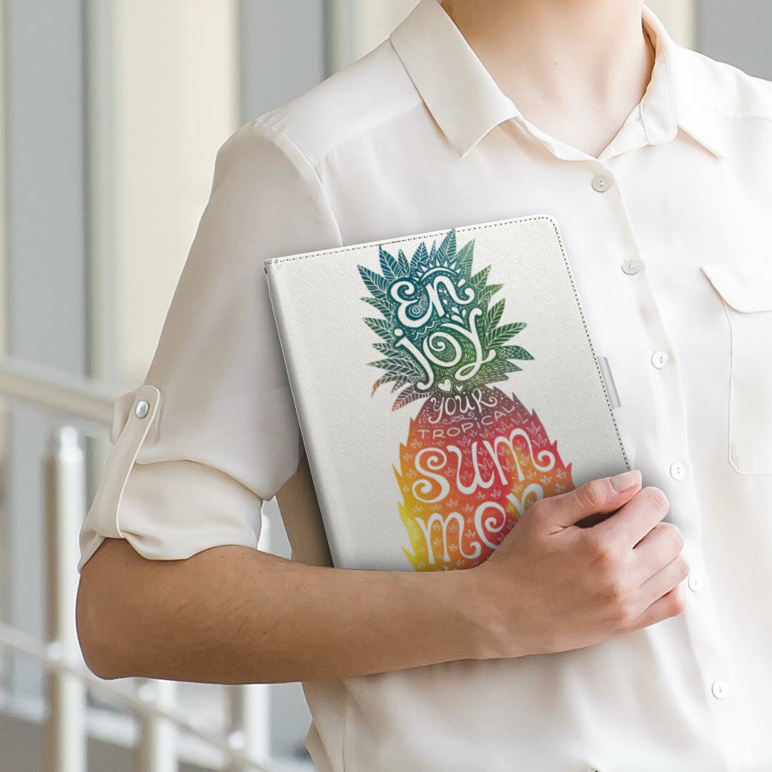 Qua tab PX LGエレクトロニクス quatabpx Mサイズ 手帳型 タブレットケース カバー 全機種対応有り レザー フリップ ダイアリー 二つ折り 革 013745 パイナップル　夏　トロピカル