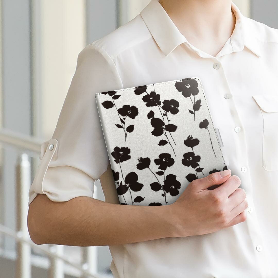 Lenovo Tab B10 HD (2nd Gen) 用 タブレットケース Lサイズ 手帳型 タブレットケース カバー 全機種対応有り レザー フリップ ダイアリー 二つ折り 革 014436 小花柄　黒　花