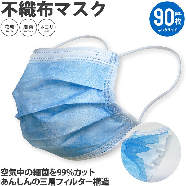 マスク　30枚組×3箱　90枚組　ふつうサイズ 青色　不織布　ノーズワイヤー　プリーツ加工　微生物　吸着　耳が痛くなりにくい　BFE99% 返品不可商品