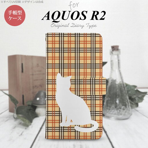 SH-03K/SHV42/706SH AQUOS R2 手帳型スマホケース カバー 猫 チェック 赤茶 nk-004s-r2-dr954 SH-03K/SHV42/706SH AQUOS R2 手帳型スマホケース カバー 猫 チェック 赤茶 nk-004s-r2-dr954