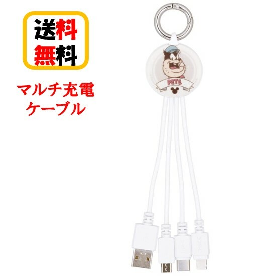 ディズニー キャラクター マルチ 充電ケーブル DNG-67G ピート iPhone アイフォン Android アンドロイド 3in1 マルチ充電ケーブル スマホ充電 タブレット充電 充電コード Lightning USB Type-C micro USB カラビナ付き usbケーブル コンパクト 送料無料