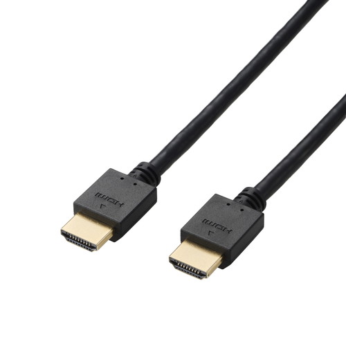 ■最大4K/30Hzの解像度に対応した、認証済みのイーサネット対応ハイスピードHDMI(R)ケーブルです。安定した映像信号と音声信号のデジタル伝送を実現し、100Mbpsのイーサネット通信にも対応しています。［特徴］■最大4K/30Hzの解像度に対応した、認証済みのイーサネット対応ハイスピードHDMI(R)ケーブルです。 ■1本のケーブルで、映像信号と音声信号をデジタルのままで高速伝送するだけでなく、イーサネット信号の双方向通信を実現します。 ■100Mbpsのイーサネット通信を実現する、HEC(HDMIイーサネットチャンネル)に対応しています。 ■デジタル音声をテレビなどの表示機器からAVアンプなどの出力機器へ伝送できる、ARC(オーディオリターンチャンネル)に対応しています。 ■最大4K(3840×2160px)/30Hz、Full HD(1920×1080px)/120Hzの解像度に対応しています。 ■色深度は従来の24bit(Full Color:フルカラー)から、30/36/48bit(Deep Color:ディープカラー)まで対応し、より豊かな色表現が可能です。 ■サビなどに強く信号劣化を抑える金メッキピン・金メッキプラグを採用しています。 ■外部ノイズの干渉から信号を保護する3重シールドケーブルを採用しています。 ■コネクター部にもノイズを軽減する金属シェルコネクターを採用しています。 ■EUの「RoHS指令(電気・電子機器に対する特定有害物質の使用制限)」に適合(10物質)しています。 ■自社環境認定基準を1つ以上満たし、『THINK ECOLOGY』マークを表示した製品です。 ■環境保全に取り組み、製品の包装容器におけるプラスチック重量を、社内基準製品より20%以上削減した製品です。 ■環境保全に取り組み、製品の包装容器が紙・ダンボール・ポリ袋のみで構成されている製品です。≪商品の概要≫■規格：イーサネット対応ハイスピードHDMI(R)ケーブル認証品 ■対応機種：HDMI(タイプA・19ピン)側:HDMI入力端子を持つ液晶テレビ・プラズマテレビ・プロジェクターなど、HDMI(タイプA・19ピン)側:HDMI出力端子を持つAV機器・ゲーム機など ■コネクター形状1：HDMIプラグ(タイプA・19ピン) ■コネクター形状2：HDMIプラグ(タイプA・19ピン) ■ケーブルタイプ：スタンダード ■伝送速度：10.2Gbps ■対応解像度：最大4K(3840×2160px)/30Hz、Full HD(1920×1080px)/120Hz ■シールド方法：3重シールド ■プラグメッキ仕様：金メッキピン・金メッキプラグ ■ケーブル長：約2m ※コネクター含まず ■カラー：ブラック ■ケーブル太さ：約5.5mm ■環境配慮事項：EU RoHS指令適合(10物質)、THINK ECOLOGYマーク ■パッケージ形態：ヘッダー付き紙箱