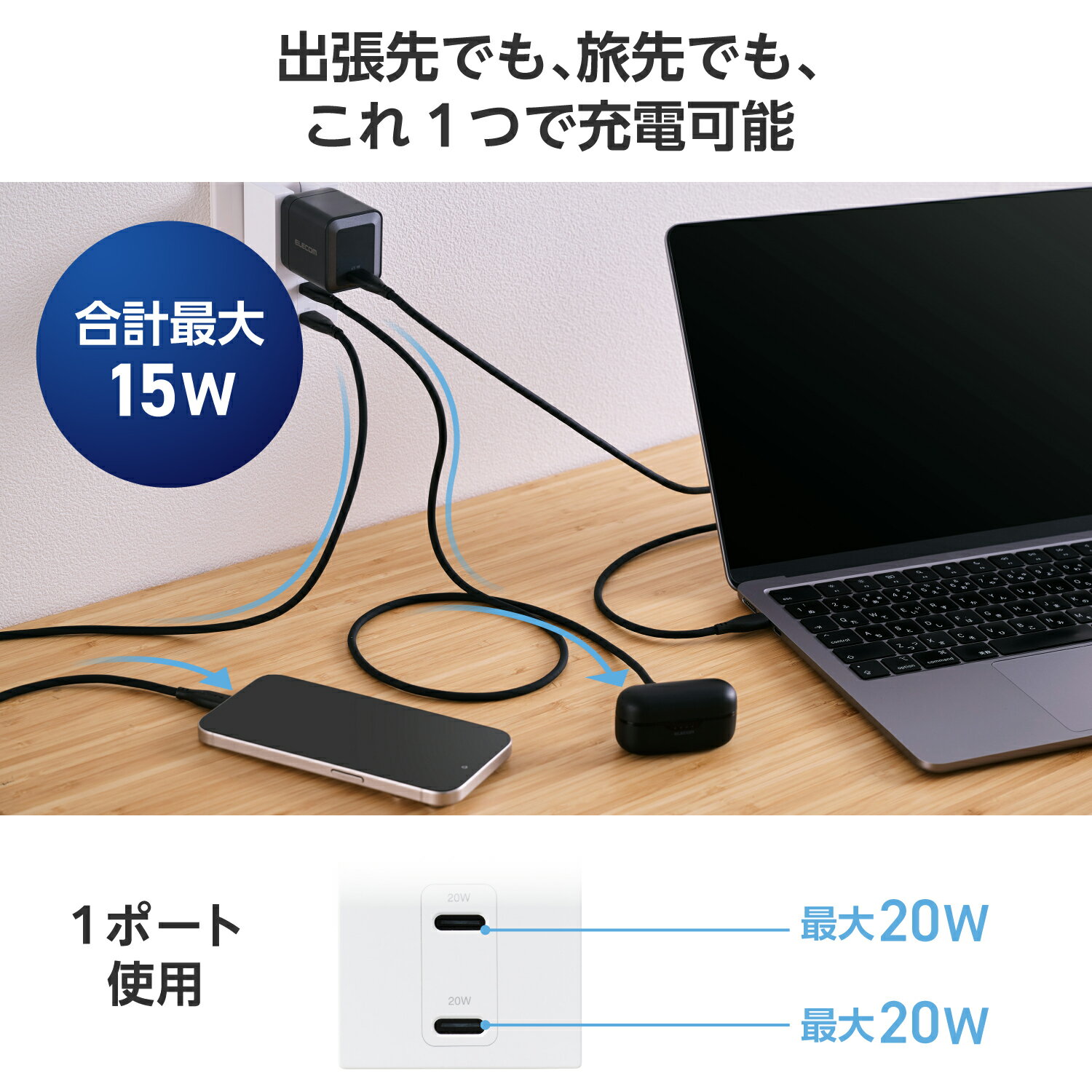 ELECOM（エレコム） 電源タップ USB 直挿し ( コンセント 1口 Type-C ×2 ) PD 20W コンパクト 雷ガード ほこり防止シャッター 絶縁キャップ ホワイト T-U06-1C2WH