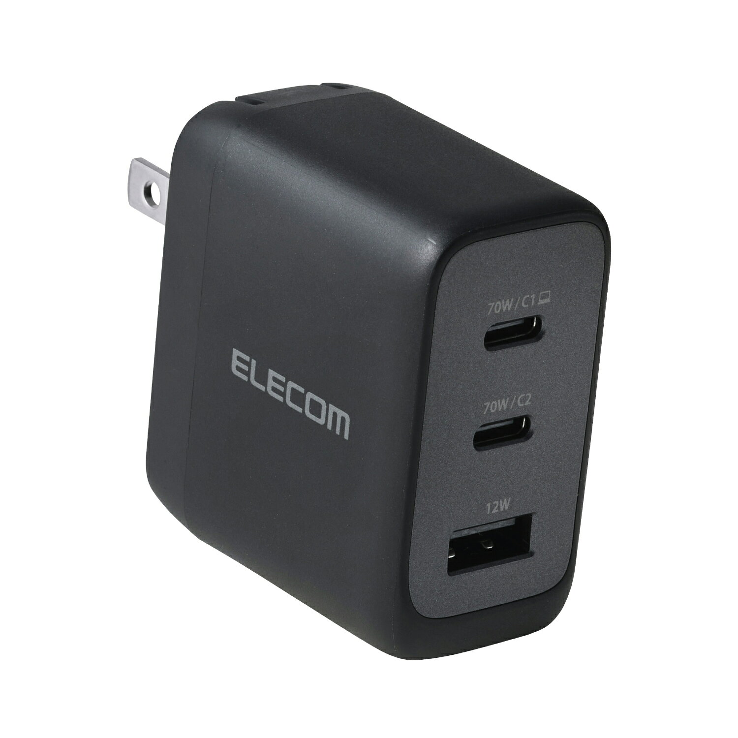 【特徴】■USB Type-C(TM)ポート×2、USB-Aポート×1の合計3ポートを搭載したAC充電器です。スマートフォンやタブレット、ノートパソコン、ワイヤレスイヤホンなどを組み合わせて同時に充電できます。 ■2つのUSB Type-Cポートのどちらに挿しても、機器に合わせて最適な出力をアシストする「AdjustCharge」機能を搭載しています。2ポート同時接続時には、それぞれのデバイスに必要な出力を検知して配分を自動で切り替えることで、どのポートに挿しても最適な出力で充電できます。「思ったより充電が進んでいない」といった充電まわりのストレスを軽減します。 ■2つのUSB Type-Cポートに同時接続する場合、合計最大出力70Wで、どちらのポートに接続しても「AdjustCharge」機能により、接続機器に合わせて45W・35W・25Wの最大出力へ自動的に出力配分を切り替えます。 ■※配分の詳細は仕様欄をご確認ください。 ■2つのUSB Type-Cポートのいずれか1ポートとUSB-Aポートに同時接続する場合、USB Type-Cポートは最大45W、USB-Aポートは最大12Wの合計最大出力57Wで、2台の機器を同時に充電できます。 ■3ポートを同時に接続する場合、USB Type-C(C1)ポート最大45W、USB Type-C(C2)ポート最大7.5W、USB-Aポート最大7.5Wの合計最大出力60Wで、3台の機器を同時に充電できます。 ■USB Type-Cポートを1ポートのみ使用する場合、対応するスマートフォンやタブレット、ノートパソコンを最大70W出力のUSB Power Deliveryで充電できます。 ■※USB Power Delivery 70W充電に対応した機種に限ります。 ■※USB Power Delivery最大出力は70Wです。PPS(Programmable Power Supply)最大出力は70Wです。 ■※接続機器の仕様や状態などにより、実際の出力値および充電時間は異なります。2ポート以上同時接続する組合せによってはUSB Power Delivery以外の規格での動作になる場合があります。出力配分の詳細は製品仕様をご確認ください。 ■USB Power DeliveryおよびPPS規格に対応。機器に応じて電圧、電流が変化するためスマートフォンやタブレットはもちろん、ノートパソコンまで幅広く高速充電できます。 ■※USB Power Deliveryとは、アダプターと接続機器間で情報をやり取りすることで、その機器間における最適な電力を選択し、高速充電を実現するUSB規格です。PPS(Programmable Power Supply)とは、0.02V単位で電圧を調整し、最適な電力で効率的に供給することができるUSB Power Deliveryのオプション規格です。 ■USB-IFのテストと同等のテストを当社独自で実施し、USB Power Delivery対応製品との高い互換性が保たれています。 ■USB-Aポートには接続機器を自動で見分け、適した出力で充電する「おまかせ充電」機能を搭載しています。 ■GaN II Plus(窒化ガリウムIC)を採用し、高出力ながらコンパクトサイズを実現。プラグ部分も折り畳むことができるため、バッグの中でもスペースを取らず、ビジネスでの外出やリモートワーク、出張、旅行など持ち運びにも便利です。 ■耐トラッキング性の要求事項(PSE:電気用品安全法)を満たしたコンセントプラグを採用しています。 ■Nintendo Switch(TM) 2/Nintendo Switch(TM)/Nintendo Switch Lite(TM)の充電が可能です。 ■※動作モードによっては充電しながらのゲームプレイができない場合があります。 ■MagSafe 3に対応しています。MacBook付属のUSB-C - MagSafe 3ケーブルを使って、MacBookをスムーズに充電できます。 ■Thermal Protectionを搭載。通電時に温度を監視、制御することでお使いの機器を守ります。 ■電気用品安全法(PSE)認証品です。また、当社独自のテストを実施した、高い安全性が確認された製品になります。 ■日本国内専用です。 ■※充電ケーブルは同梱していません。別途ご用意ください。 ■※機器本体や充電器が濡れた状態で充電すると、異常な発熱・焼損の原因となり大変危険ですのでおやめください。 ■※USB Type-C、Lightning、USB Micro-Bコネクター以外の端子に変換するケーブルや変換アダプターを使用すると、給電(充電)できない場合や、充電が遅くなる場合があります。 ■※温度上昇時など、状況によっては安全保護のため出力を停止する場合があります。故障ではありませんので、一度接続機器を取り外し、しばらく待ってから再度接続してください。 ■※本製品を使用中に空いているポートに充電する機器を接続した際に、接続中のポートの出力が一時的に切れ、再接続することがあります。また、再度スマートフォンなどから充電開始音が鳴る場合がありますが、故障ではありません。 ■※USB Type-C and USB-C are trademarks of USB Implementers Forum. ■自社環境認定基準を1つ以上満たし、『THINK ECOLOGY』マークを表示した製品です。 ■環境保全に取り組み、製品の包装容器または外装箱に持続可能な森林資源から調達された紙材を使用した製品です。 ■環境への負荷軽減のため、輸送効率を高める設計の外装箱を使用した製品です。 ■環境保全に取り組み、製品の包装容器が紙・ダンボール・ポリ袋のみで構成されている製品です。【仕様】■対応機種：各USB Type-C(TM)ポートからUSB Power Delivery 70WおよびPPS 70W、またはUSB-Aポートから12Wの規格内で充電可能なノートパソコン、スマートフォンなどの機器。2ポート以上同時接続時、合計最大70Wまでの出力で充電・給電可能な機器とその組み合わせ ■コネクター形状：USB Type-Cポート×2、USB-Aポート×1 ■定格入力電圧：AC100〜240V、50/60Hz ■定格入力電流：1.5A ■定格出力電力(単独接続時)：USB Type-C1/C2ポート:最大出力70W・PPS最大出力70W、USB-A1ポート:最大出力12W ■定格出力電力(2ポート同時接続時(1))：[USB Type-C1+USB Type-C2ポート](1)合計最大出力70W(USB Type-C1ポート最大出力45W・PPS最大出力45W、USB Type-C2ポート最大出力25W・PPS最大出力25W) ■定格出力電力(2ポート同時接続時(2))：[USB Type-C1+USB Type-C2ポート](2)合計最大出力70W(USB Type-C1ポート:最大出力35W・PPS最大出力35W、USB Type-C2ポート:最大出力35W・PPS最大出力35W) ■定格出力電力(2ポート同時接続時(3))：[USB Type-C1+USB Type-C2ポート](3)合計最大出力70W(USB Type-C1ポート:最大出力25W・PPS最大出力25W、USB Type-C2ポート:最大出力45W・PPS最大出力45W) ■定格出力電力(2ポート同時接続時(4))：USB Type-C1+USB-A1 ポート:合計最大出力57W(USB Type-C1ポート最大出力45W・PPS最大出力45W、USB-A1ポート最大出力12W)、USB Type-C2+USB-A1 ポート:合計最大出力57W(USB Type-C2ポート最大出力45W、USB-A1ポート最大出力12W) ■定格出力電力(3ポート同時接続時)：合計最大出力60W(USB Type-C1ポート:最大出力45W・PPS最大出力45W、USB Type-C2ポート:最大出力7.5W、USB-A1ポート:最大出力7.5W) ■定格出力電圧(単独接続時)：USB Type-C1/C2ポート:5V/9V/15V/20V・PPS出力5〜21V、USB-A1ポート:5V ■定格出力電圧(2ポート同時接続時(1))：[USB Type-C1+USB Type-C2ポート接続時]USB Type-C1ポート:5V/9V/15V/20V・PPS出力5〜11V/5〜16V、USB Type-C2ポート:5V/9V・PPS出力5〜11V ■定格出力電圧(2ポート同時接続時(2))：[USB Type-C1+USB Type-C2ポート接続時]USB Type-C1ポート:5V/9V/15V・PPS出力5〜16V、USB Type-C2ポート:5V/9V/15V・PPS出力5〜16V ■定格出力電圧(2ポート同時接続時(3))：[USB Type-C1+USB Type-C2ポート接続時]USB Type-C1ポート:5V/9V・PPS出力5〜11V、USB Type-C2ポート:5V/9V/15V/20V・PPS出力5〜11V/5〜16V ■定格出力電圧(2ポート同時接続時(4))：[USB Type-C1+USB-A1ポート接続時]USB Type-C1ポート:5V/9V/15V/20V・PPS出力5〜11V、USB-A1ポート:5V、[USB Type-C2+USB-A1ポート接続時]USB Type-C2ポート:5V/9V/15V/20V・PPS出力5〜11V、USB-A1ポート:5V ■定格出力電圧(3ポート同時接続時)：USB Type-C1ポート:5V/9V/15V/20V・PPS出力5〜11V、USB Type-C2ポート:5V、USB-A1ポート:5V ■定格出力電流(単独接続時)：USB Type-C1/C2ポート:5V/9V/15V時3A・20V時3.5A・PPS出力5〜21V時3.5A、USB-A1ポート:5V時2.4A ■定格出力電流(2ポート同時接続時(1))：[USB Type-C1+USB Type-C2ポート接続時]USB Type-C1ポート:5V/9V/15V時3A・20V時2.25A・PPS出力5〜11V時4.5A、USB Type-C2ポート:5V時3A・9V時2.78A・PPS出力5〜11V時2.75A ■定格出力電流(2ポート同時接続時(2))：[USB Type-C1+USB Type-C2ポート接続時]USB Type-C1ポート:5V/9V時3A・15V時2.33A・PPS出力5〜16V時2.3A、USB Type-C2ポート:5V/9V時3A・15V時2.33A・PPS出力5〜16V時2.3A ■定格出力電流(2ポート同時接続時(3))：[USB Type-C1+USB Type-C2ポート接続時]USB Type-C1ポート:5V時3A・9V時2.78A・PPS出力5〜11V時2.75A、USB Type-C2ポート:5V/9V/15V時3A・20V時2.25A・PPS出力5〜11V時4.5A ■定格出力電流(2ポート同時接続時(4))：[USB Type-C1+USB-A1ポート接続時]USB Type-C1ポート:5V/9V/15V時3A・20V時2.25A・PPS出力5〜11V時4.5A・USB-A1ポート:5V時2.4A、[USB Type-C2+USB-A1ポート接続時]USB Type-C2ポート:5V/9V/15V時3A・20V時2.25A・PPS出力5〜11V時4.5A・USB-A1ポート:5V時2.4A ■定格出力電流(3ポート同時接続時)：USB Type-C1ポート:5V/9V/15V時3A・20V時2.25A・PPS出力5〜11V時4.5A/5〜16V時3A、USB Type-C2ポート:5V時1.5A、USB-A1ポート:5V時1.5A ■外形寸法：幅約50.3mm×奥行約29.7mm×高さ約56.2mm ■重量：約130g ■カラー：ブラック ■コンセントプラグ仕様：90度スイング構造 ■使用温度：0℃〜25℃ ■法令：◇PSE 特定電気用品 ■保証期間：1年間 ■使用可能地域：日本