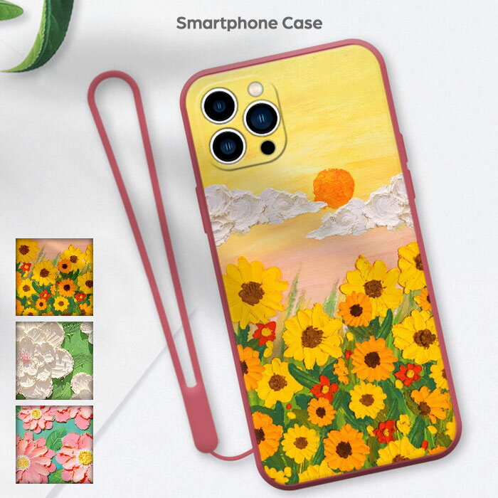 1000 엔 뽀키리 송료 무 무료 iPhone13ProMax 스트랩 홀 첨부 배면형 케이스 유화풍 꽃 꽃무늬 스트랩 첨부 TPU 프린트 내충격 유화조 페인트 스마트폰 케이스 휴대 커버