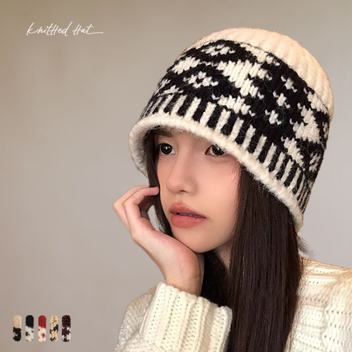 秋冬 レトロ 菱形柄 スキー スノーボード 女性用かわいい コーデ 着こなし おしゃれ ニット帽子 小顔効果 かぶりやすい ニット帽 レディース ふんわり 暖かい 毛糸 帽子 防寒