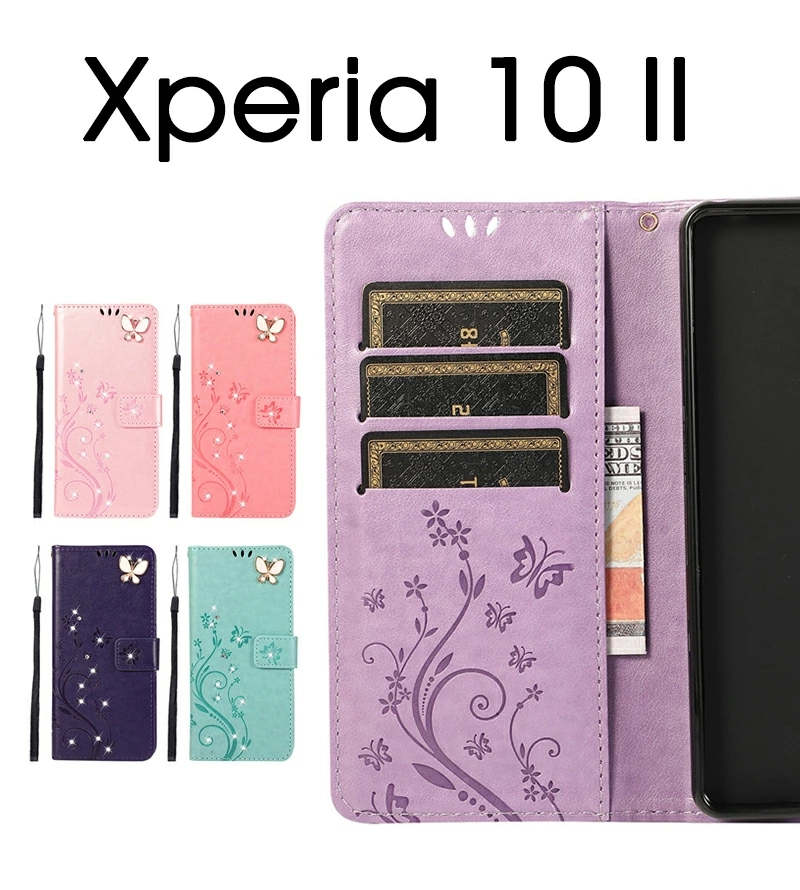 【送料無料】スマホケース 手帳型 Xperia 10 II ケースXperia 10 II SOV43ケース Xperia 10 II SO-41Aケース Xperia 10 II A001SOケース エクスペリア10 IIケース 手帳型 ストラップ付き エクスペリア10 IIカバー レザー Xperia 10 II 手帳型ケース 花柄 蝶柄 可愛い