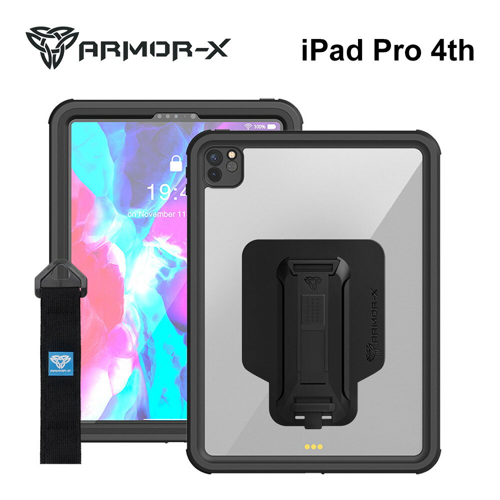 【正規代理店】 送料無料 ARMOR-X iPad Pro 第4世代 ケース 全面保護 完全防水 防水 耐衝撃性 ハンドストラップ付き ミルスペック 業務用 建設 屋外 飲食店 スタンド機能 オフィス用品 Black