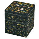 山中漆器 山中塗 花の小路 5.0三段角重 (タッパ付) 黒