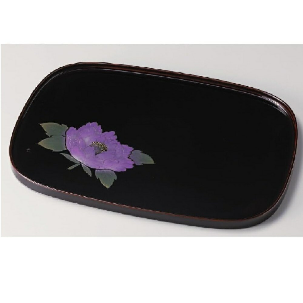 乐天商城 - 越前漆器 越前塗り 牡丹 小判盆 溜 日展作家 冨田立山作