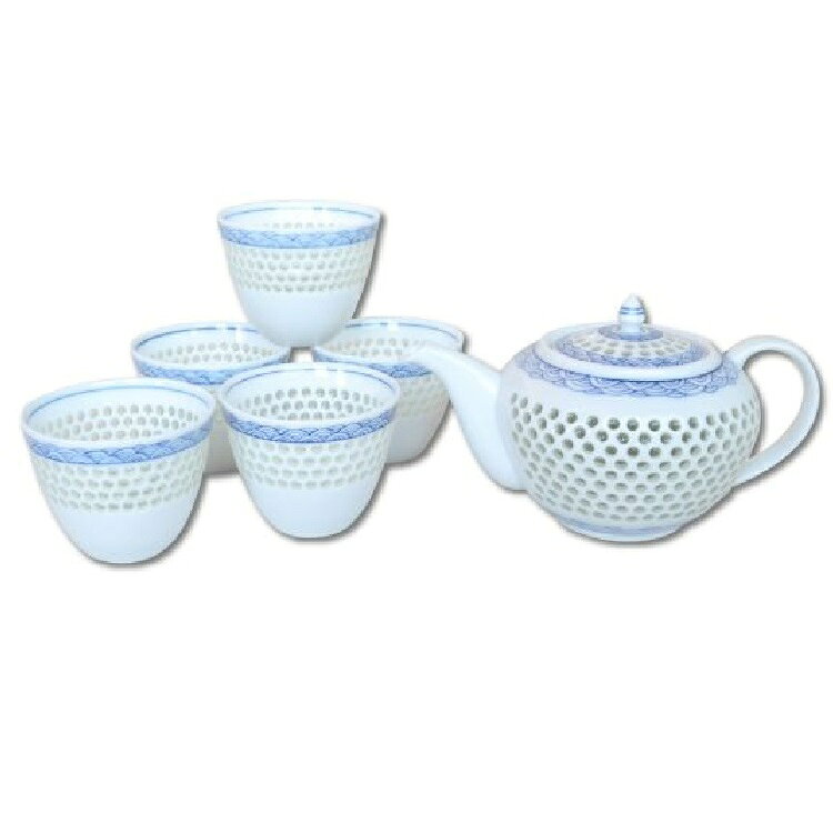 波佐見焼 水晶青海波 Uポット茶器（ポット・湯飲み×5客）