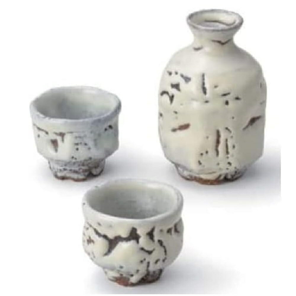 萩焼 服部天龍 原節夫作 白萩 お預け酒器（徳利×1・ぐい呑×2）