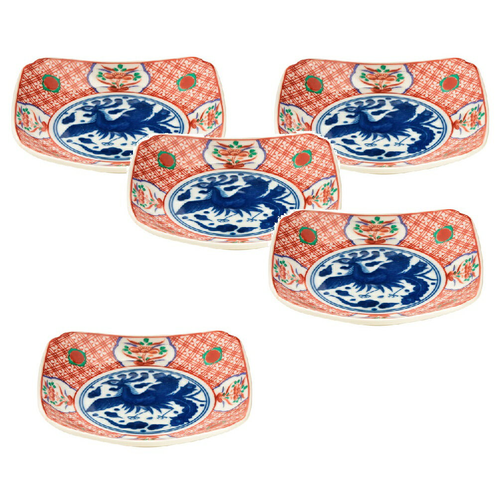 Rakuten - 美濃焼 呉須赤絵 四角5.0皿（5枚組）14.3x14.3x2.8cm
