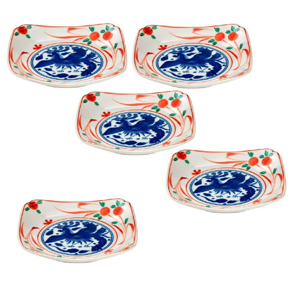 美濃焼 赤絵花 四角5.0皿（5枚組）14.3x14.3x2.8cm