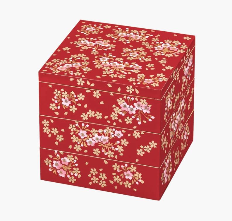 山中漆器 山中塗 5.0三段重 桜づくし 5寸 朱/溜