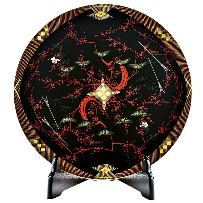 乐天商城 - 会津漆器・会津塗 黒 10.0 飾り皿（皿立て付）（漆塗・手塗・手描）会津絵松竹梅