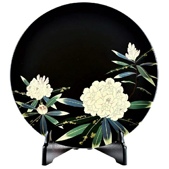 Rakuten - 会津漆器・会津塗 黒 10.0 飾り皿（皿立て付）（漆塗・手塗・手描）石楠花