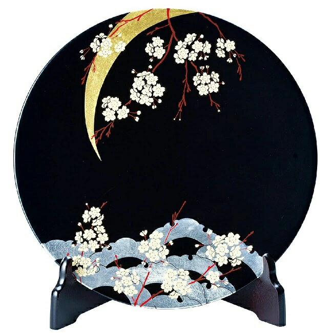 Rakuten - 会津漆器・会津塗 黒 10.0 飾り皿（皿立て付）（漆塗・手塗・手描）雪月花