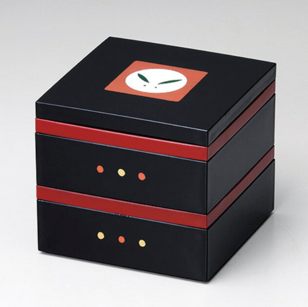 会津漆器　黒 5.0 皿付二段重 福丸うさぎ (手描)