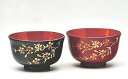 会津漆器 黒/朱 羽反 夫婦椀 しだれ桜 (手描)
